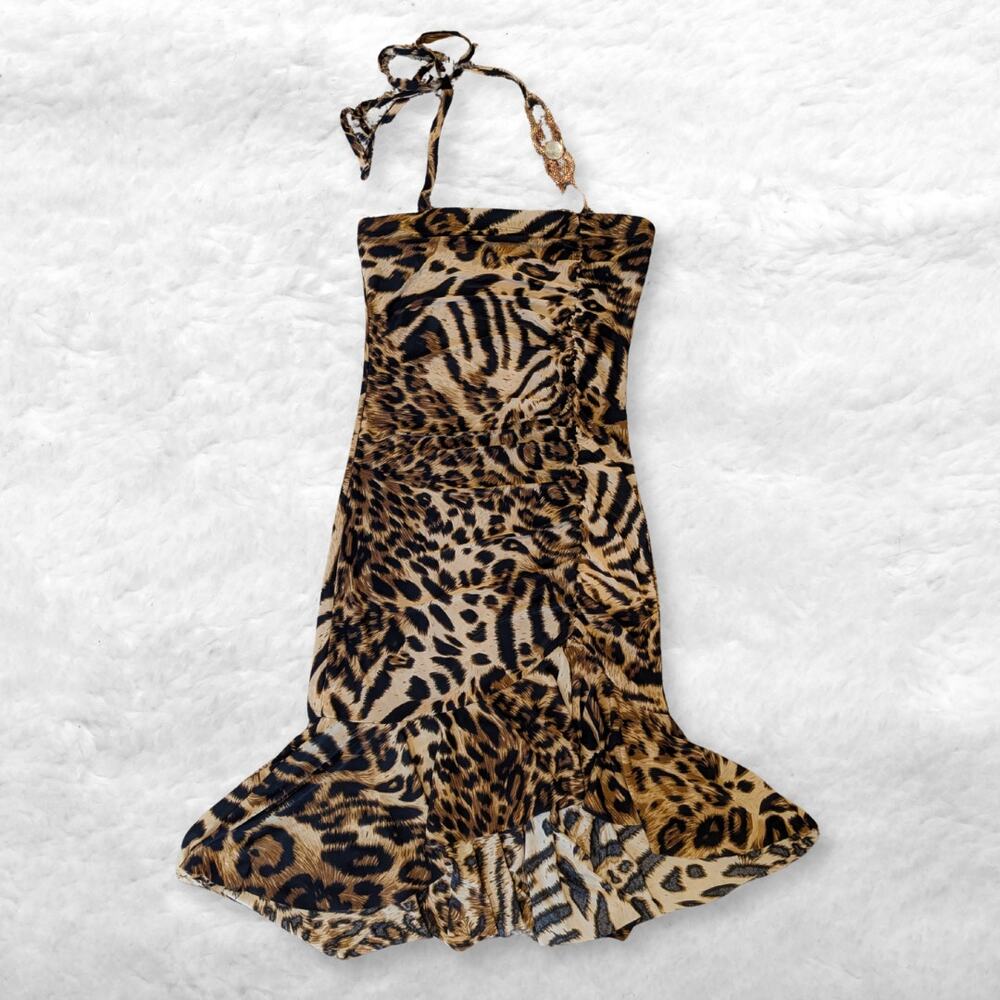 y2k sof usa leopard halter mini dress animal print